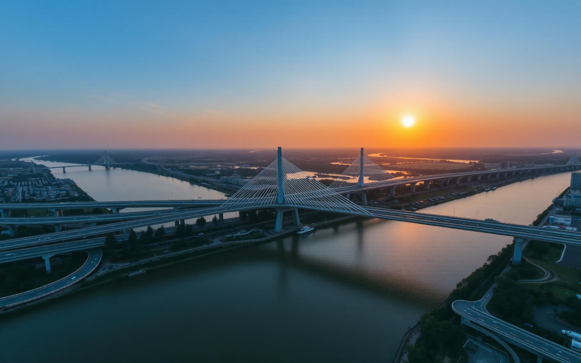Aerial view of a modern highway interchange and cable-stayed bridge